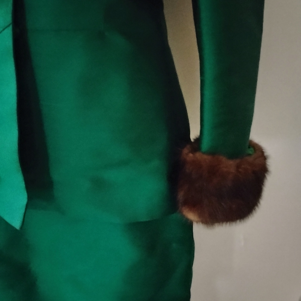 Vintage 50's 60's Emerald Green Raw Silk Suit Mink Cuffs Marissa California New? - Picture 3 of 11